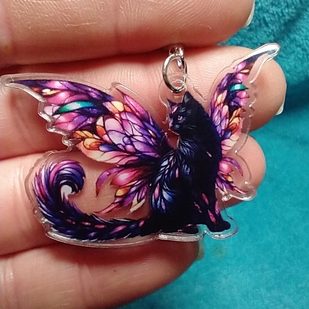Colorful cat with angel wings black pink purple orange blue wire earrings gothic